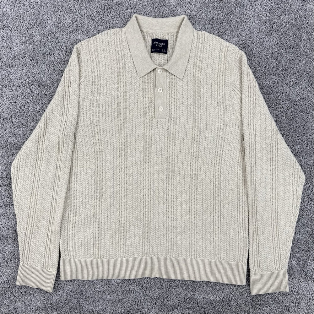 Abercrombie & Fitch Sweater Polo Men's L Beige Long Sleeve Cable Knit